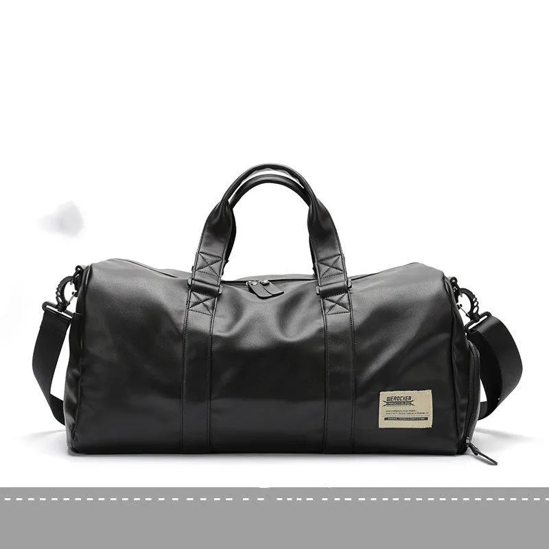 Large black waterproof PU leather sports training bag with zipper showing side view and multiple pockets