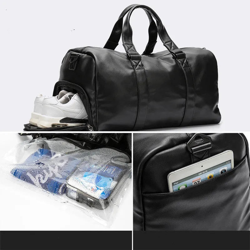 Large black waterproof PU leather sports training bag with zipper showing side view and multiple pockets