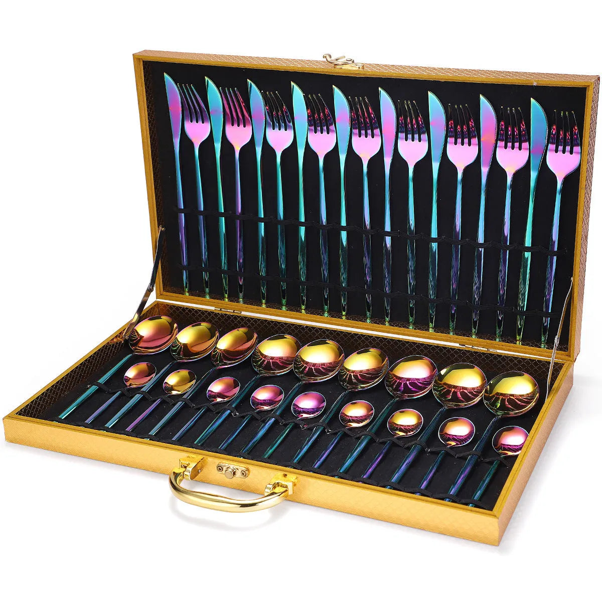 36-piece stainless steel cutlery set including knives, forks, spoons, and tea spoons arranged in a wooden gift box with mirror polish finish