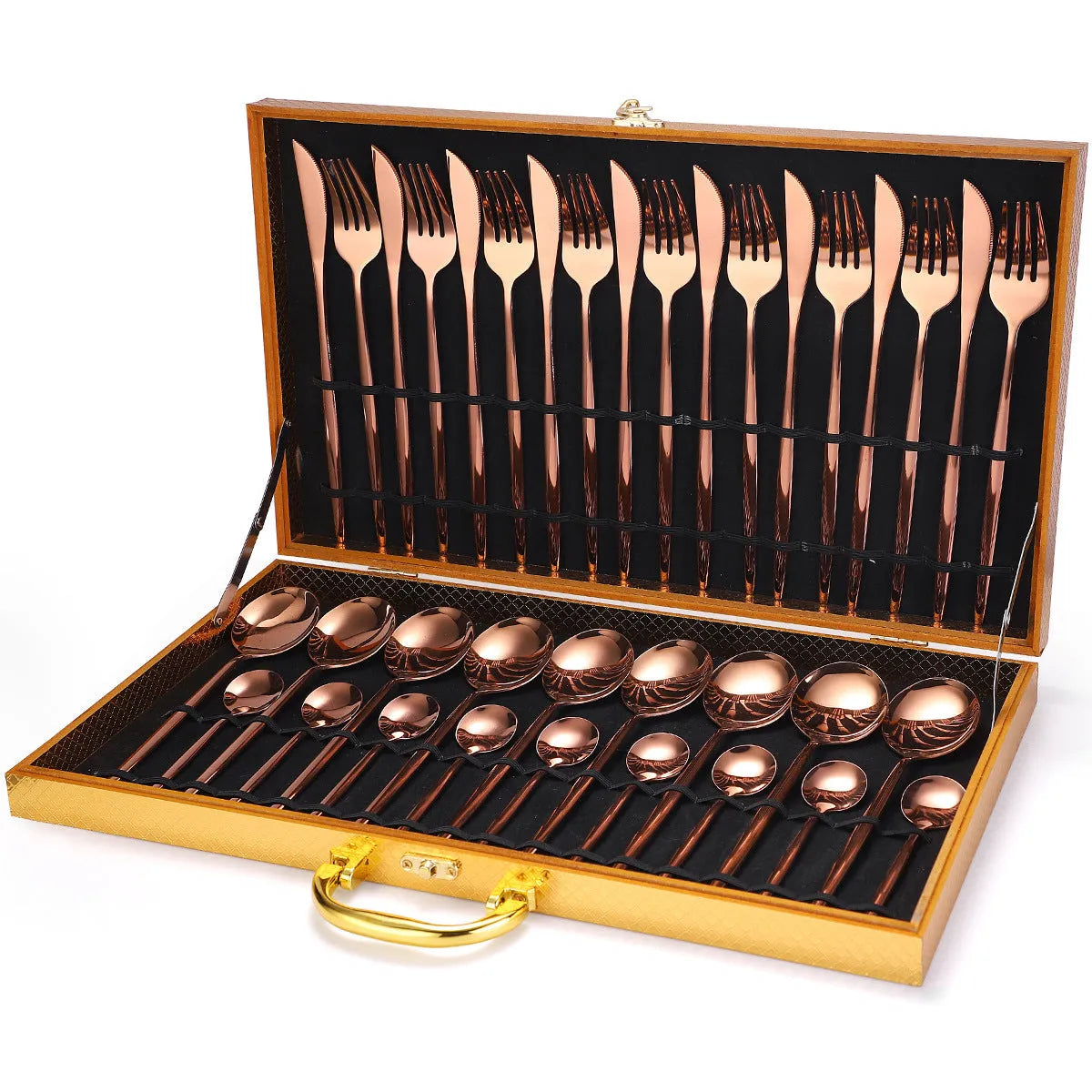 36-piece stainless steel cutlery set including knives, forks, spoons, and tea spoons arranged in a wooden gift box with mirror polish finish
