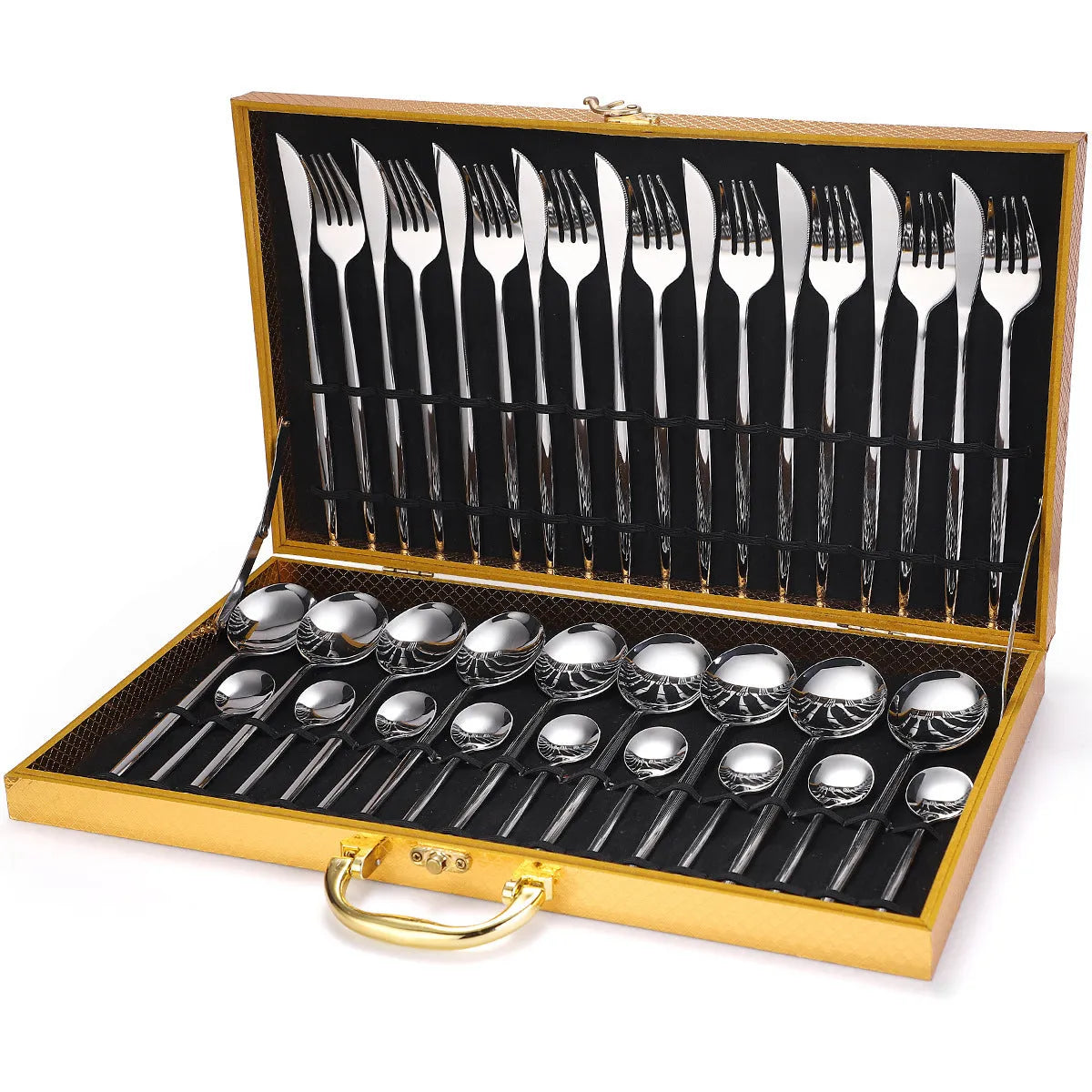 36-piece stainless steel cutlery set including knives, forks, spoons, and tea spoons arranged in a wooden gift box with mirror polish finish