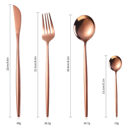 36-piece stainless steel cutlery set including knives, forks, spoons, and tea spoons arranged in a wooden gift box with mirror polish finish