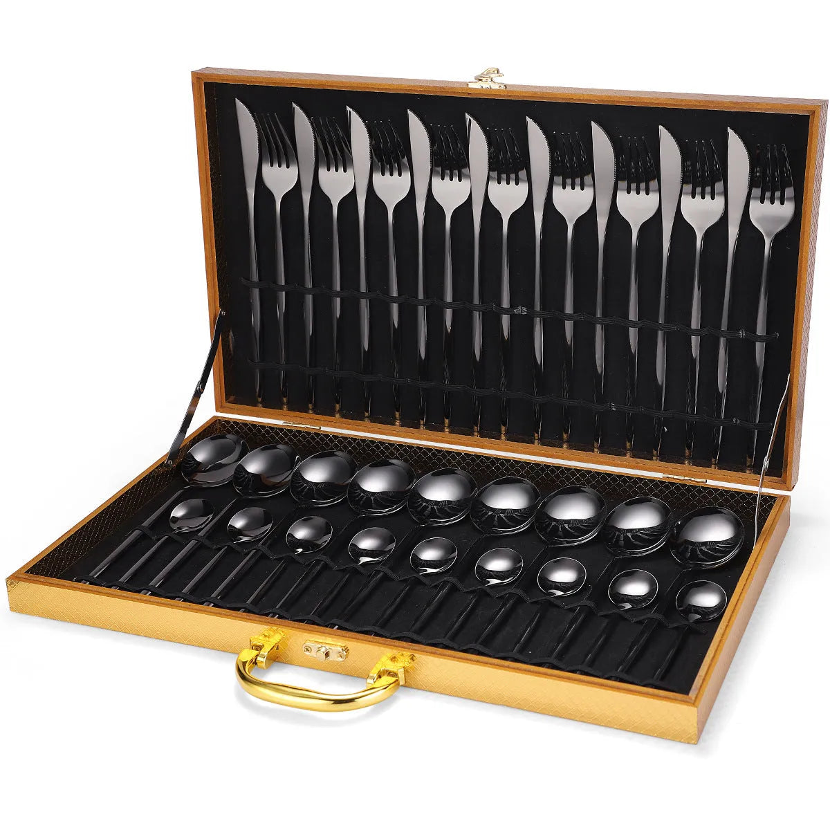 36-piece stainless steel cutlery set including knives, forks, spoons, and tea spoons arranged in a wooden gift box with mirror polish finish