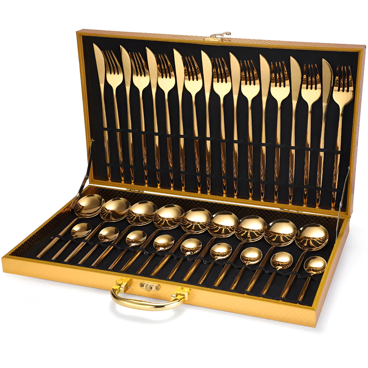 36-piece stainless steel cutlery set including knives, forks, spoons, and tea spoons arranged in a wooden gift box with mirror polish finish