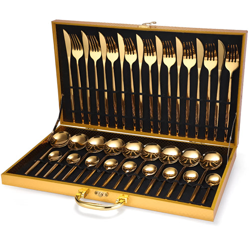 36-piece stainless steel cutlery set including knives, forks, spoons, and tea spoons arranged in a wooden gift box with mirror polish finish