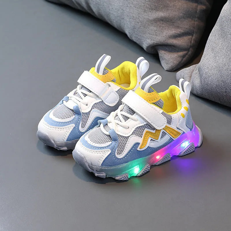 Kids breathable light-up Velcro sneakers in black with mesh upper and rubber sole