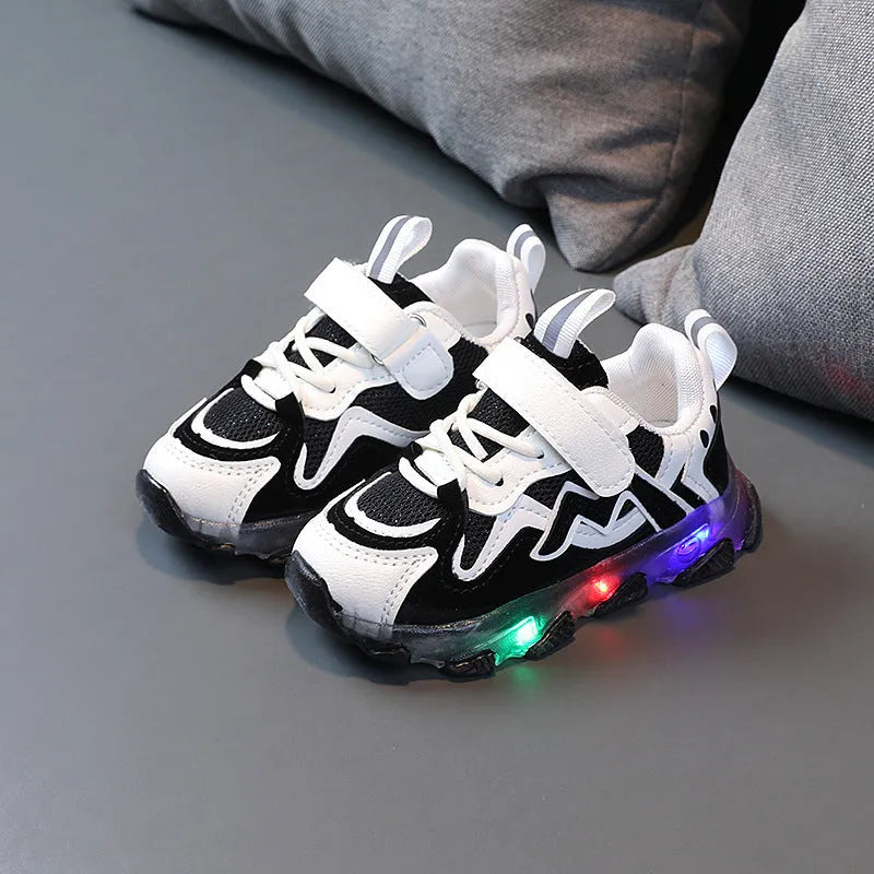 Kids breathable light-up Velcro sneakers in black with mesh upper and rubber sole