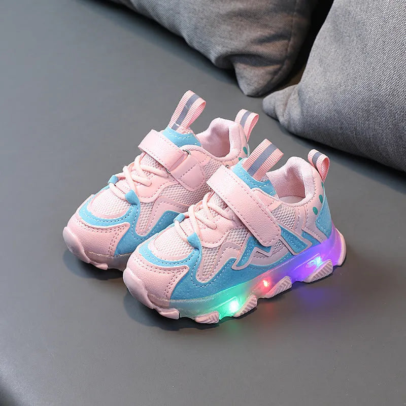 Kids breathable light-up Velcro sneakers in black with mesh upper and rubber sole