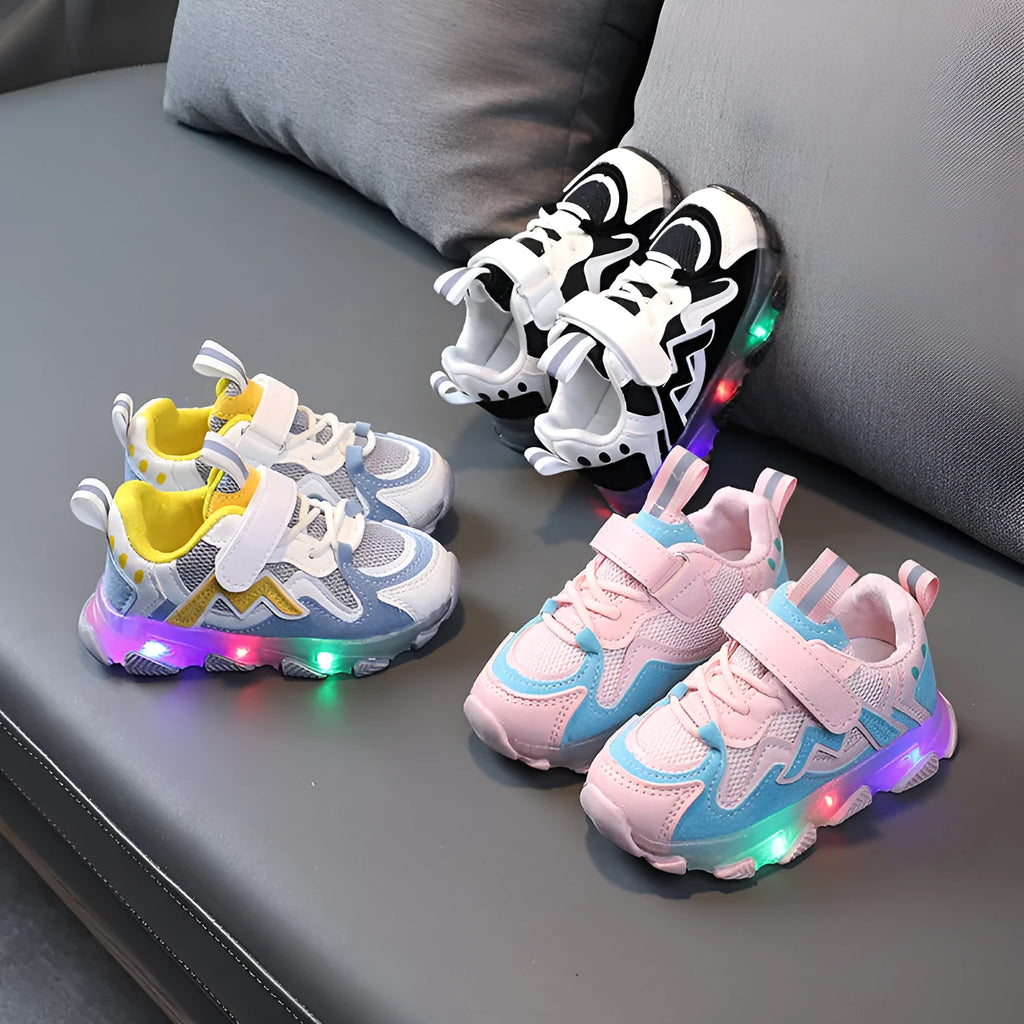 Kids breathable light-up Velcro sneakers in black with mesh upper and rubber sole