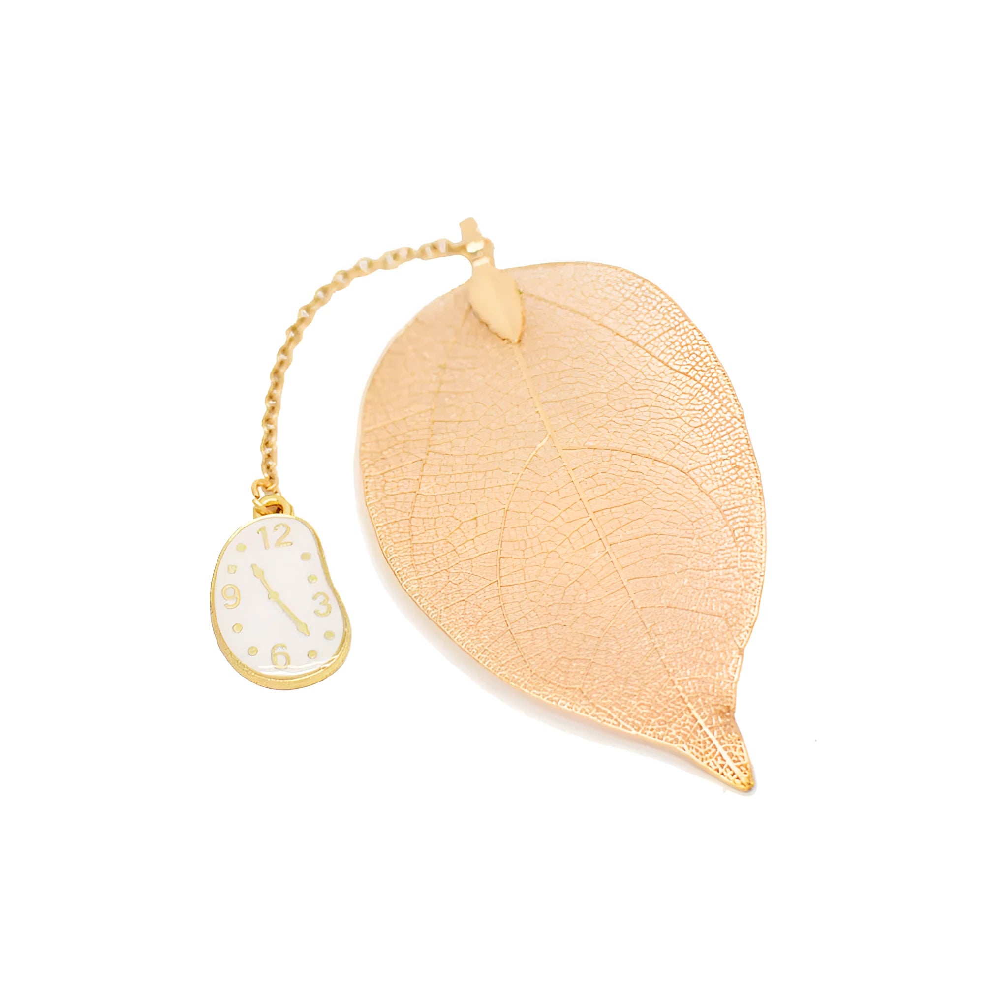 Metal leaf-shaped bookmark with a choice of Alice, rabbit, or clock charm designs on kraft card.