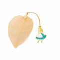 Metal leaf-shaped bookmark with a choice of Alice, rabbit, or clock charm designs on kraft card.