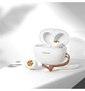 White Pebble Series Wireless Bluetooth TWS earbuds next to their compact charging case