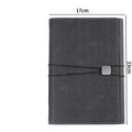 A5 loose-leaf tri-fold notebook with imitation leather cover in brown, open to show beige paper pages and built-in pocket