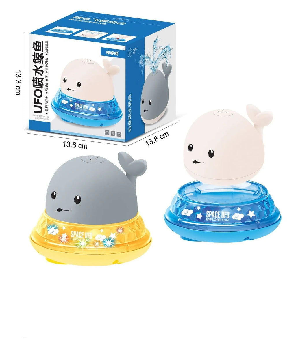 Grey or white whale bath toy floating in water with LED lights and water spray fountain