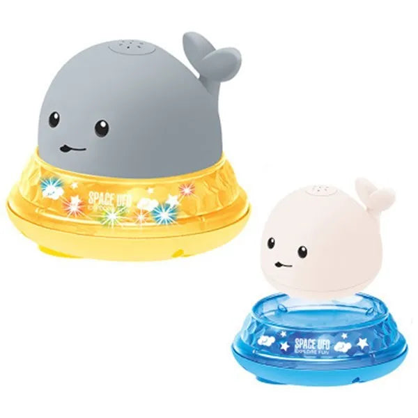 Grey or white whale bath toy floating in water with LED lights and water spray fountain