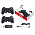 Wireless handle game console with HDMI output, two controllers, and compact plastic casing