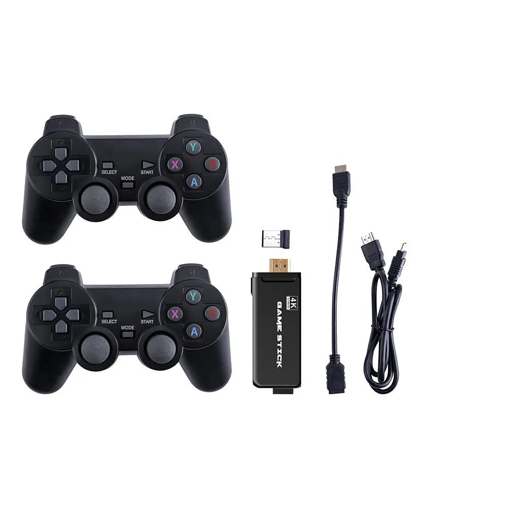 Wireless handle game console with HDMI output, two controllers, and compact plastic casing