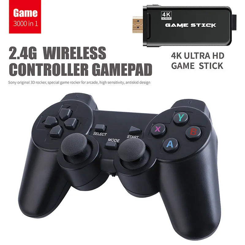 Wireless handle game console with HDMI output, two controllers, and compact plastic casing
