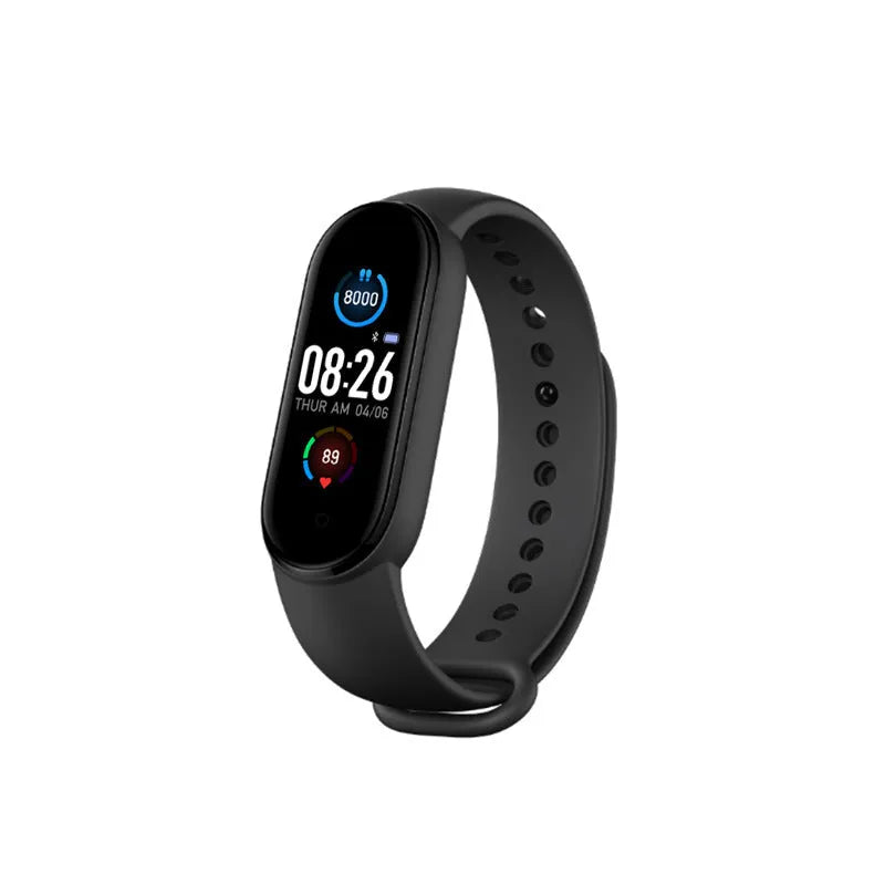 Black smart bracelet with 0.96-inch screen showing heart rate monitor, worn on wrist.