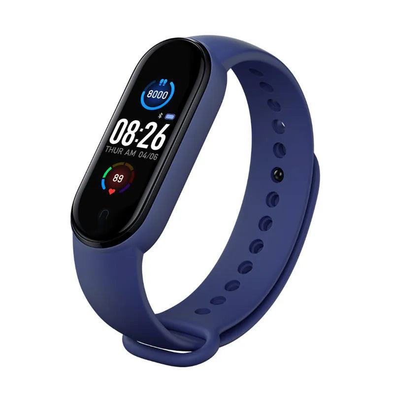 Black smart bracelet with 0.96-inch screen showing heart rate monitor, worn on wrist.