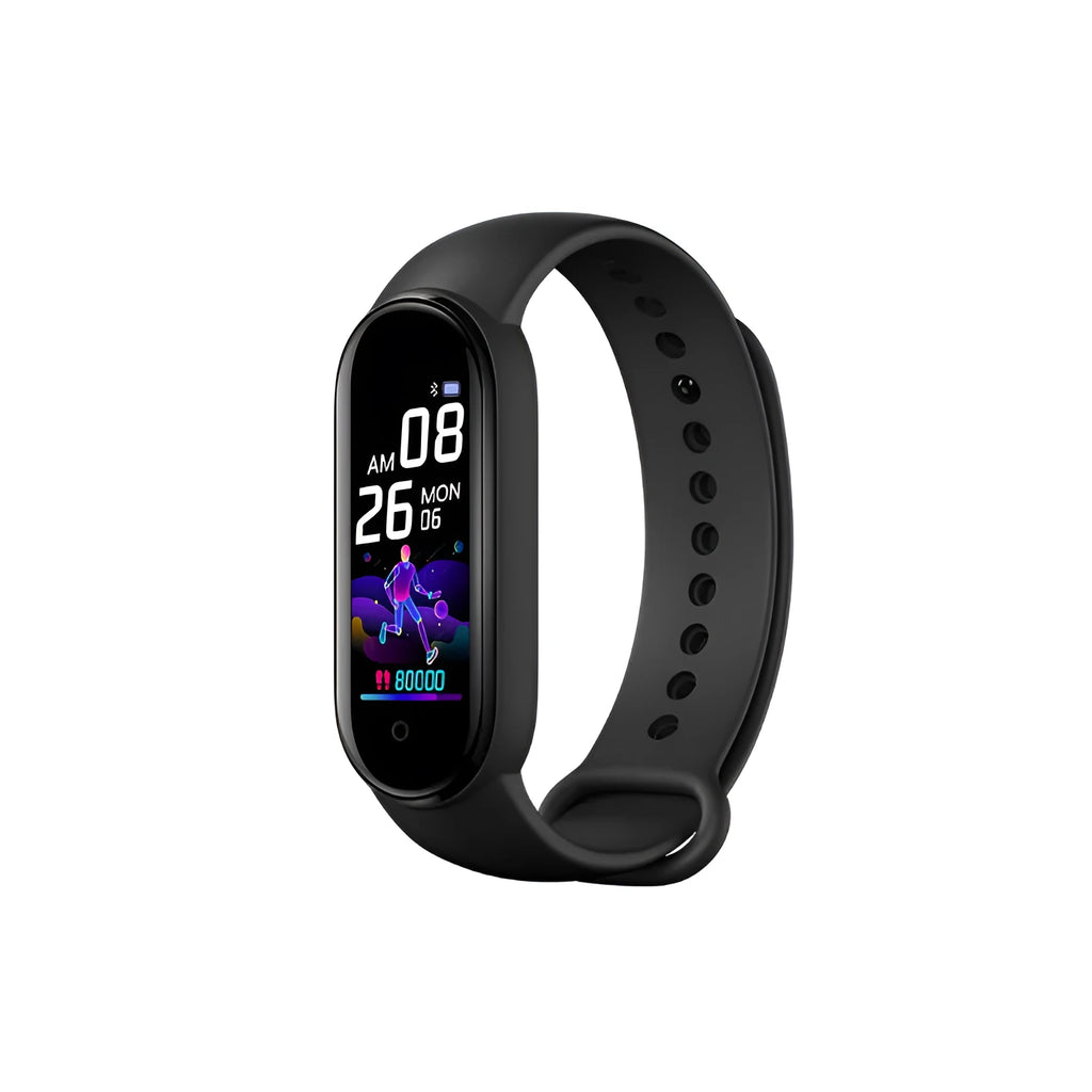 Black smart bracelet with 0.96-inch screen showing heart rate monitor, worn on wrist.