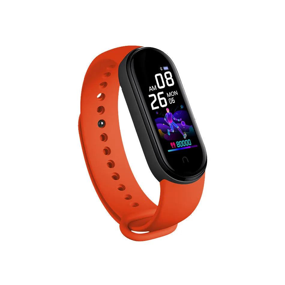 Black smart bracelet with 0.96-inch screen showing heart rate monitor, worn on wrist.