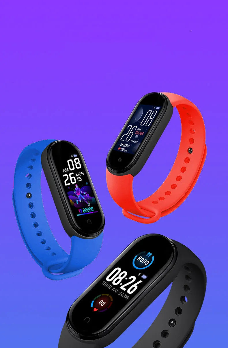 Black smart bracelet with 0.96-inch screen showing heart rate monitor, worn on wrist.