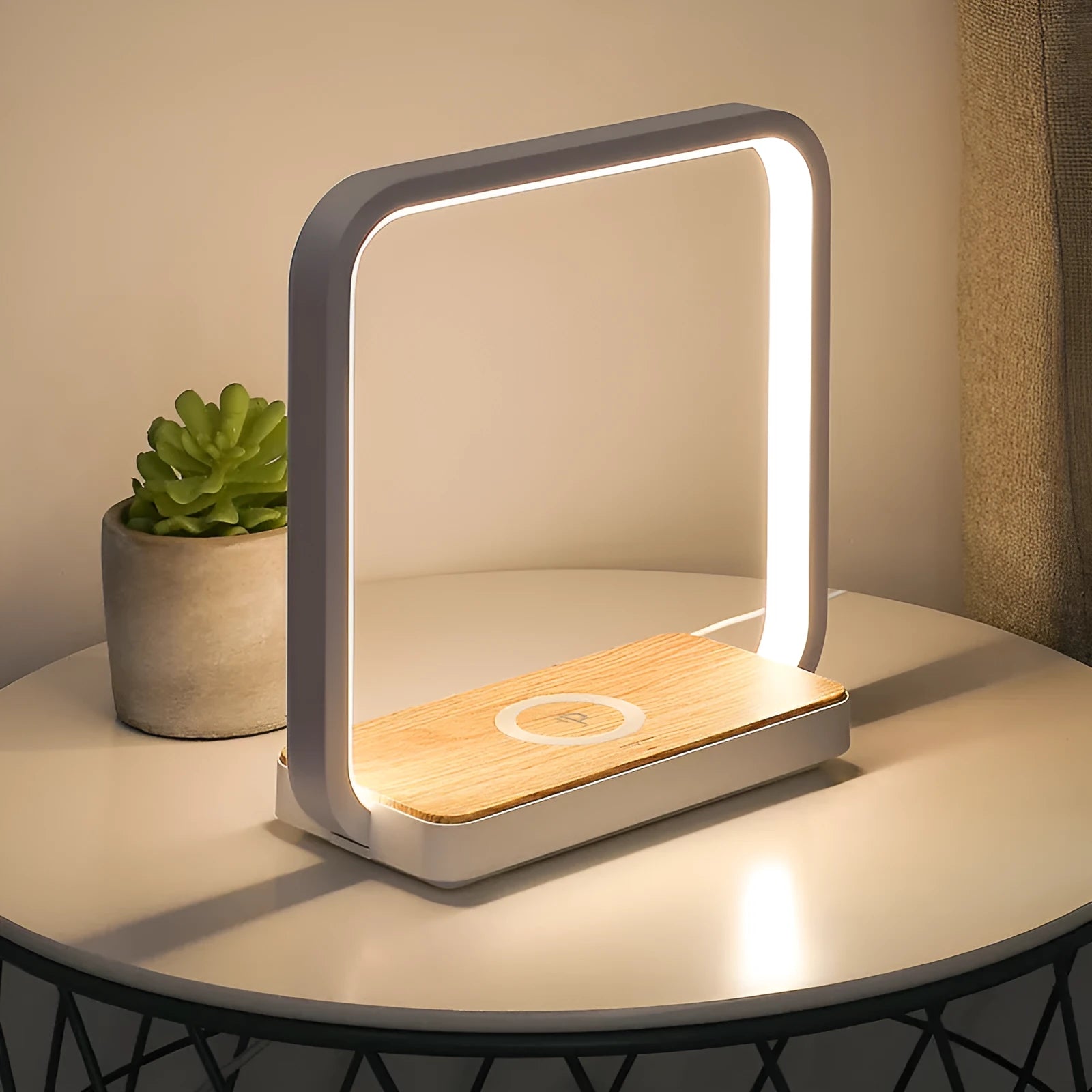 White or gold smart touch sensor bedside lamp with aluminium shade and USB cable.