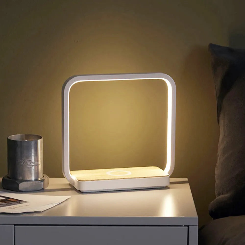 White or gold smart touch sensor bedside lamp with aluminium shade and USB cable.