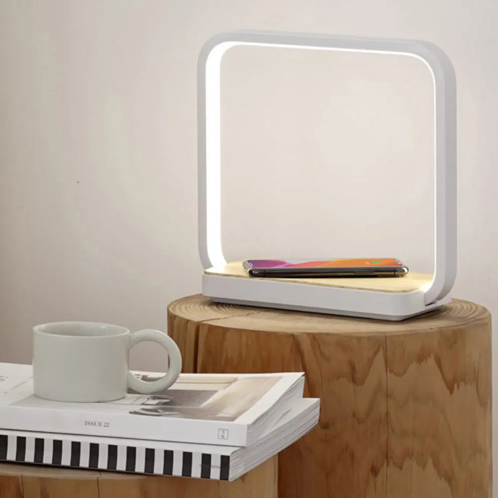White or gold smart touch sensor bedside lamp with aluminium shade and USB cable.