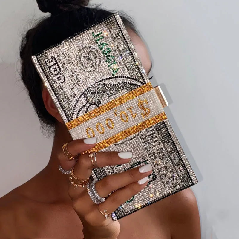 Women's crystal diamond cash dollars clutch purse chain handbag with US dollar banknote pattern, PVC material, 20.5cm size