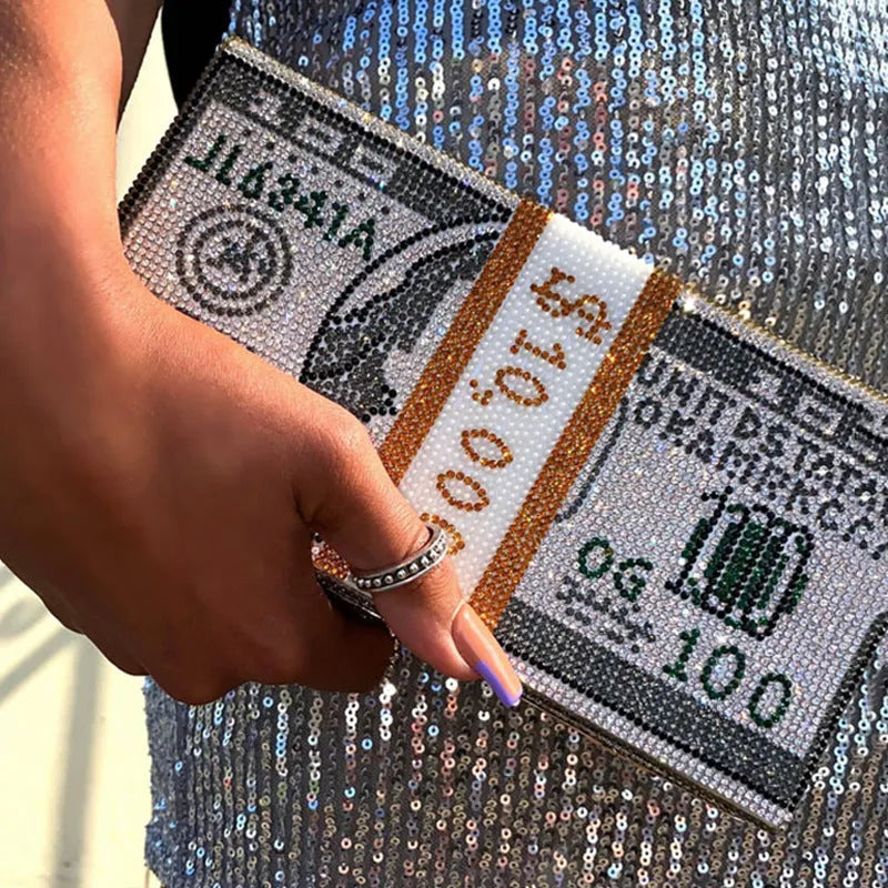 Women's crystal diamond cash dollars clutch purse chain handbag with US dollar banknote pattern, PVC material, 20.5cm size