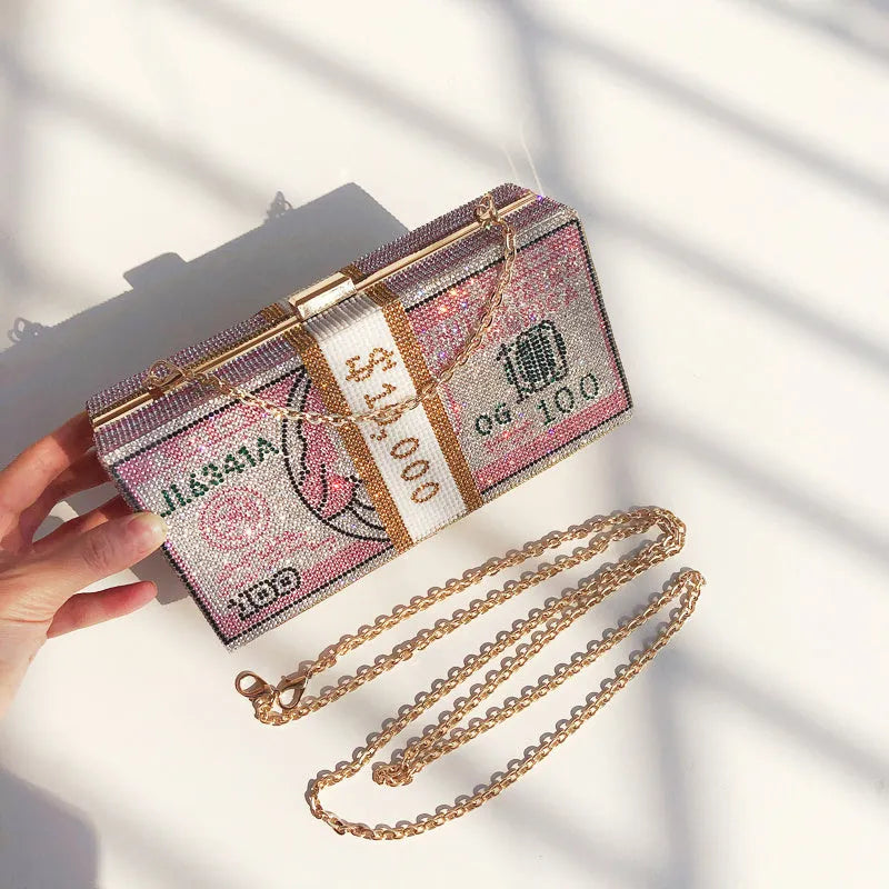 Women's crystal diamond cash dollars clutch purse chain handbag with US dollar banknote pattern, PVC material, 20.5cm size