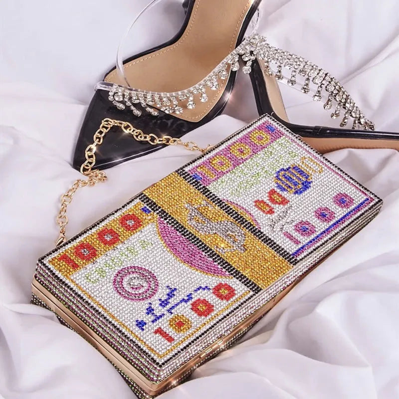Women's crystal diamond cash dollars clutch purse chain handbag with US dollar banknote pattern, PVC material, 20.5cm size