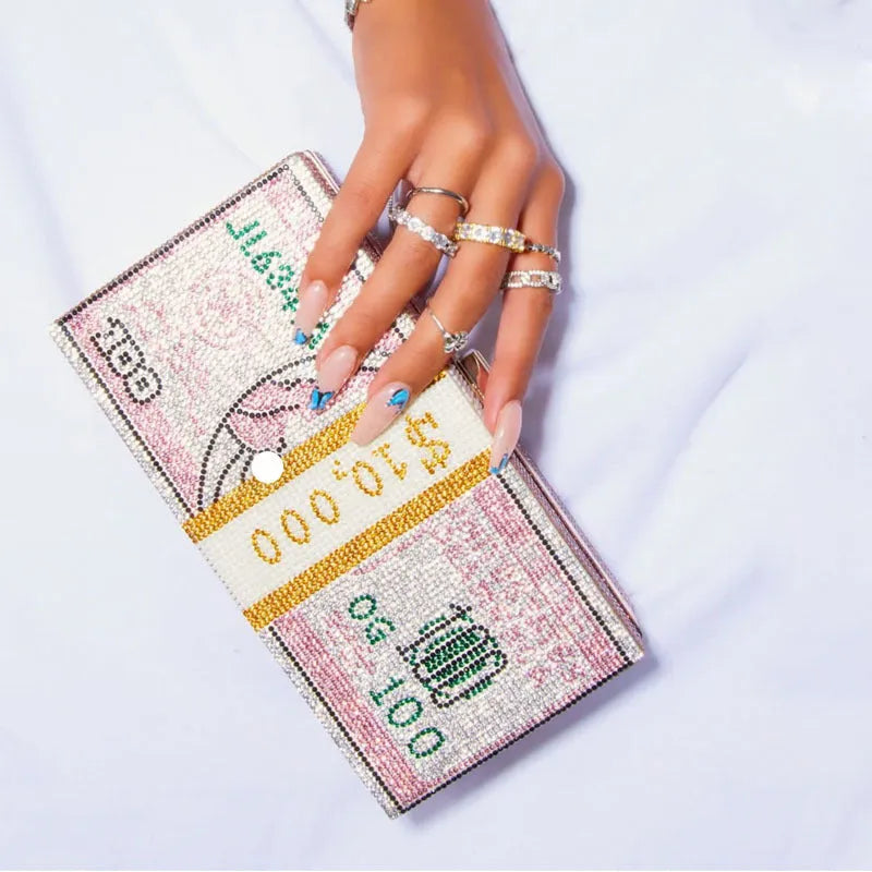 Women's crystal diamond cash dollars clutch purse chain handbag with US dollar banknote pattern, PVC material, 20.5cm size