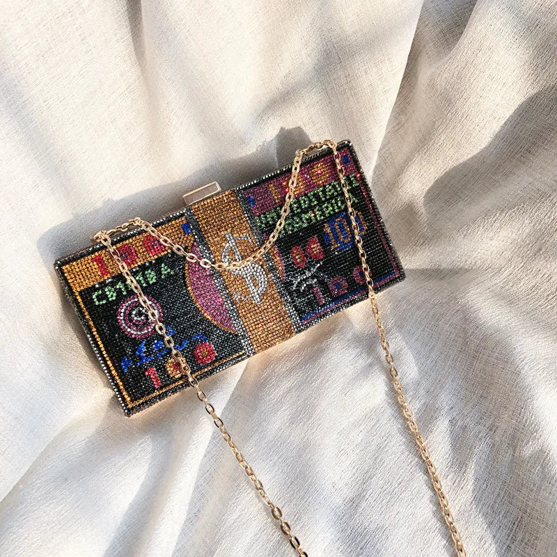 Women's crystal diamond cash dollars clutch purse chain handbag with US dollar banknote pattern, PVC material, 20.5cm size