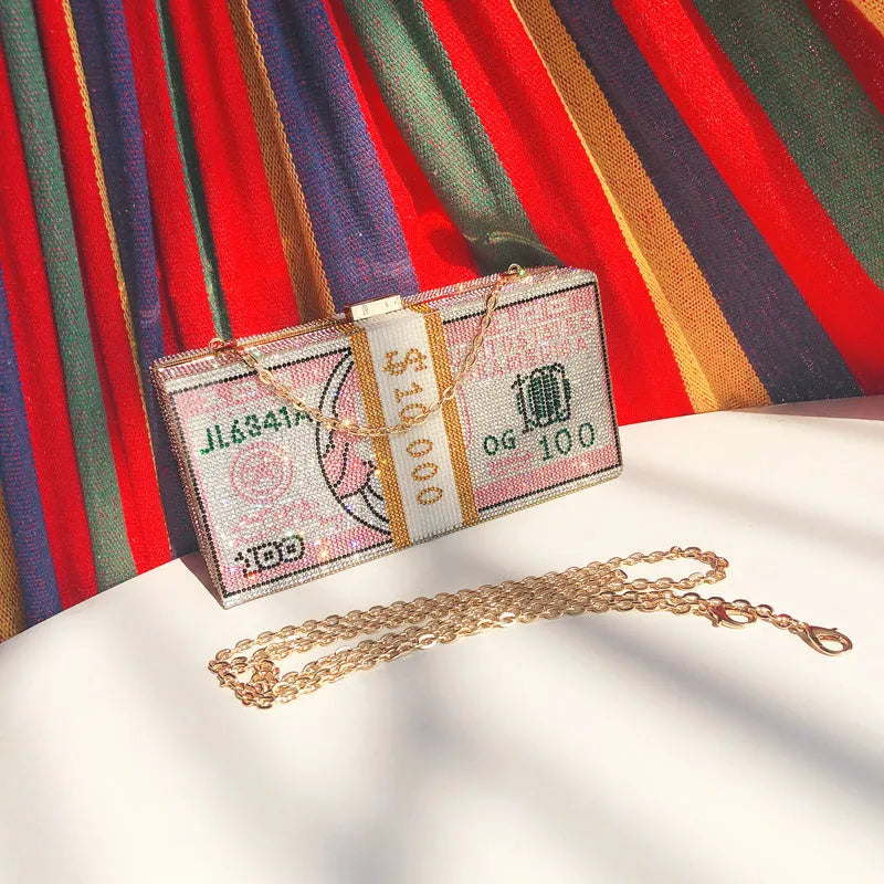 Women's crystal diamond cash dollars clutch purse chain handbag with US dollar banknote pattern, PVC material, 20.5cm size