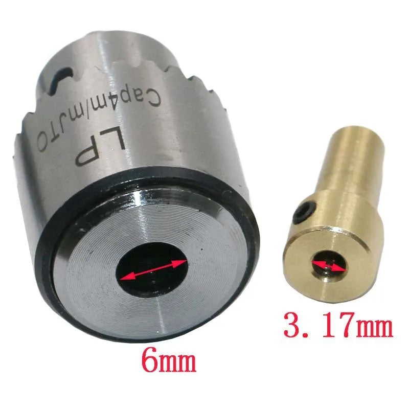 Hard alloy electric drill chuck with 3.17mm tail hole and sleeve on a white background.