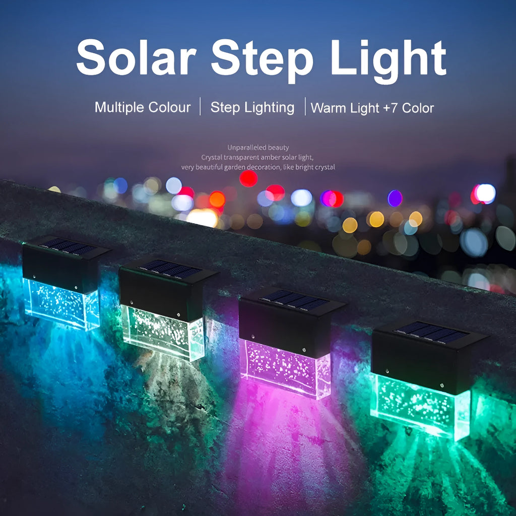 Waterproof RGB LED solar step light with warm white and colour change modes for outdoor stairs