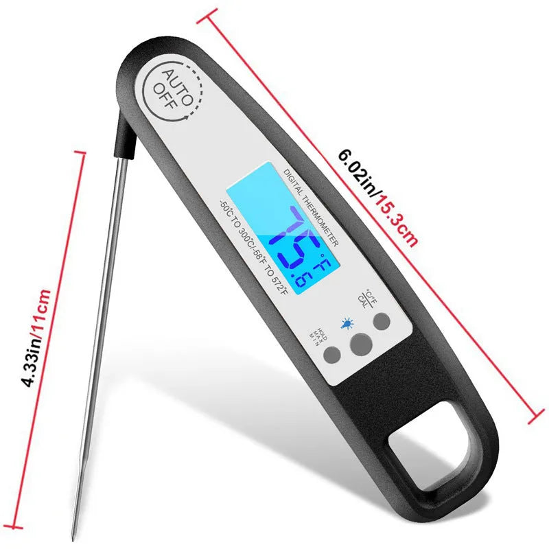 Black ABS food thermometer on white background, temperature range -50 to 300°C