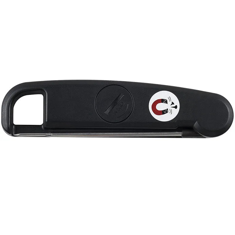 Black ABS food thermometer on white background, temperature range -50 to 300°C