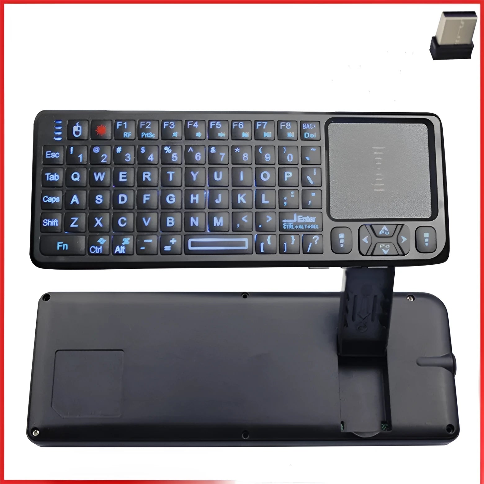 Black wireless laser teaching mini keyboard with touch screen showing compact dimensions and backlit keys