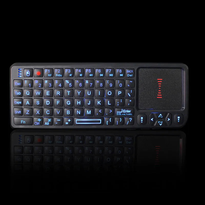 Black wireless laser teaching mini keyboard with touch screen showing compact dimensions and backlit keys