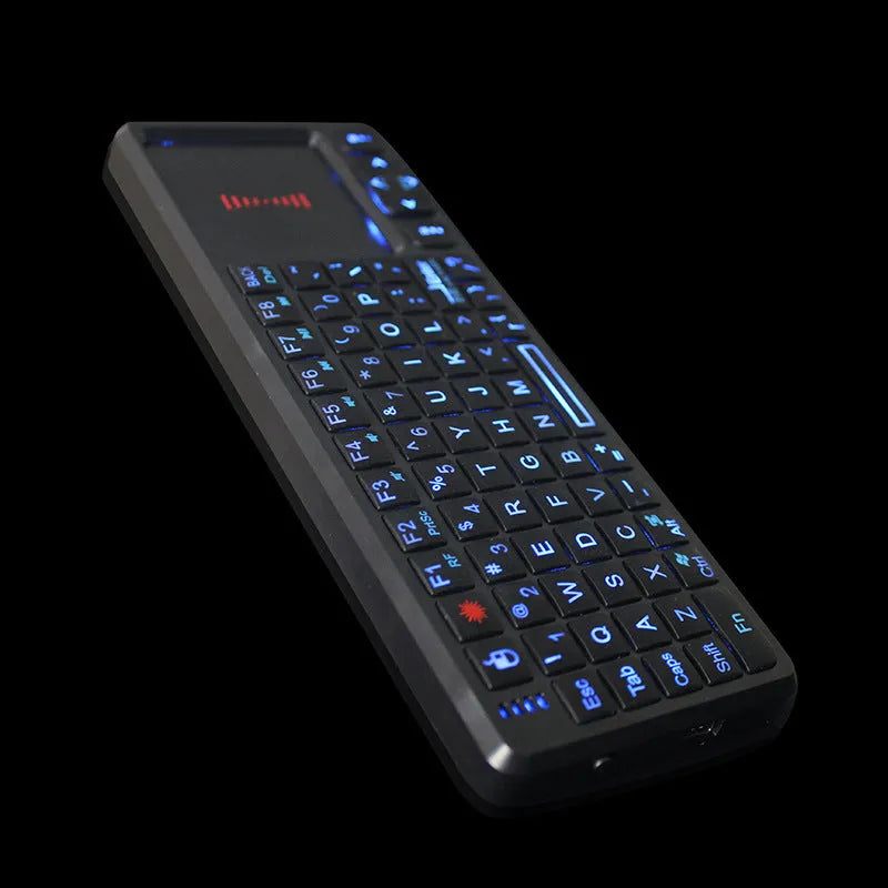 Black wireless laser teaching mini keyboard with touch screen showing compact dimensions and backlit keys