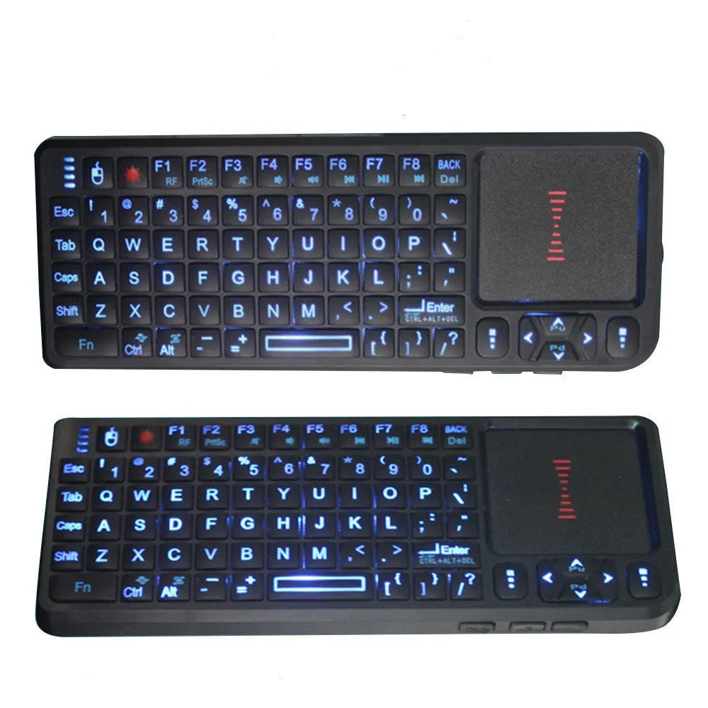 Black wireless laser teaching mini keyboard with touch screen showing compact dimensions and backlit keys