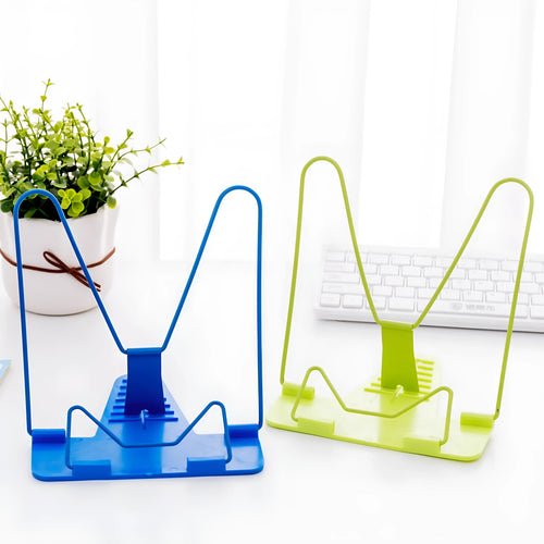 Adjustable metal and plastic reading frame in blue colour, holding book upright