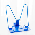 Adjustable metal and plastic reading frame in blue colour, holding book upright