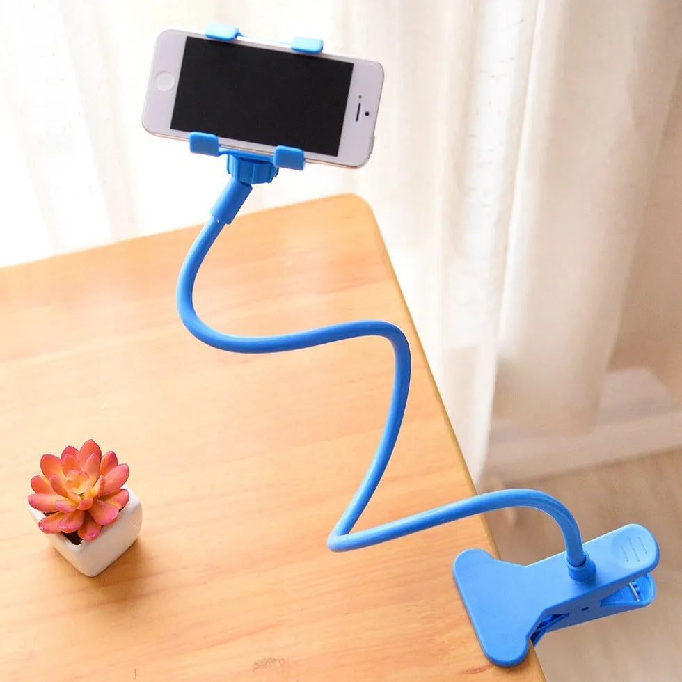 Black portable phone holder with 70cm flexible arm and universal V-clip for bed and desk mounting