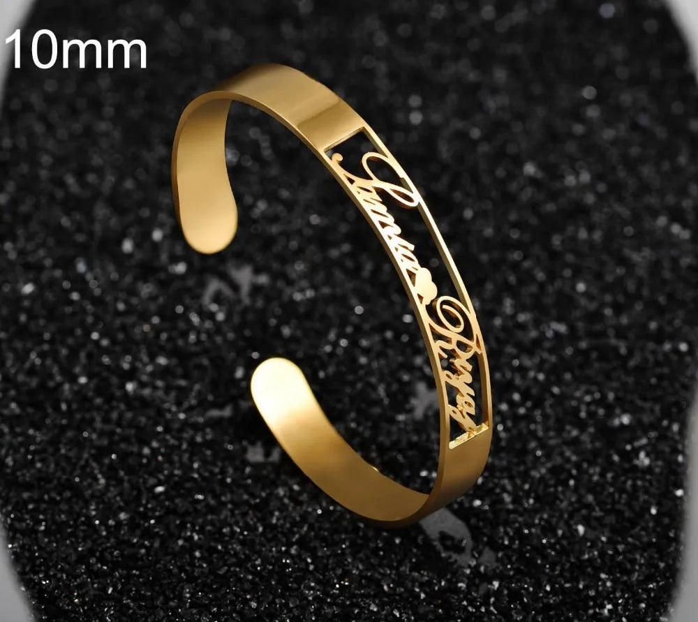 Customised name bracelet in stainless steel with silver finish and 10mm width on display