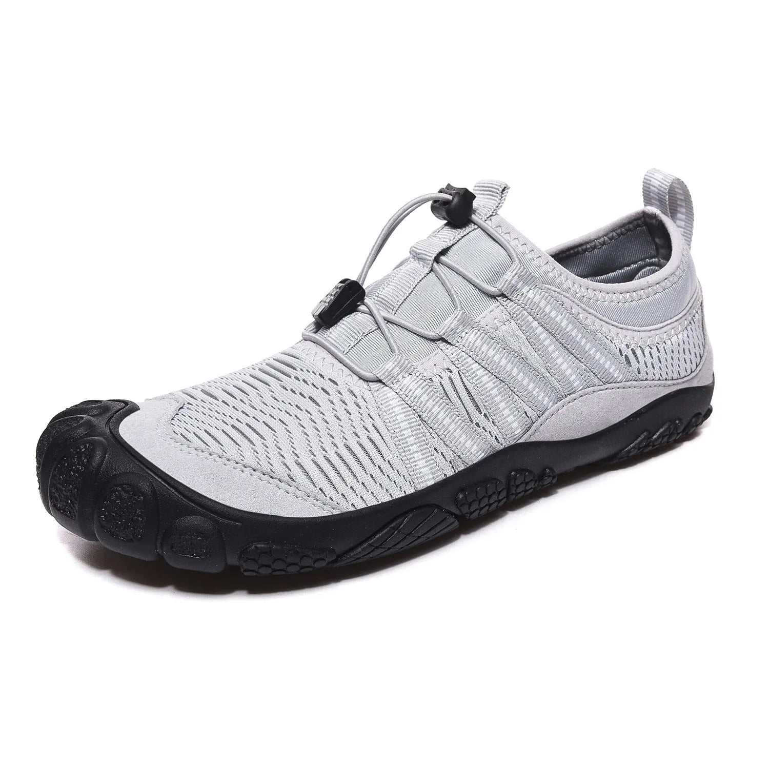 Low-top mesh water shoes with rubber sole in black, grey, blue, or purple for outdoor wading